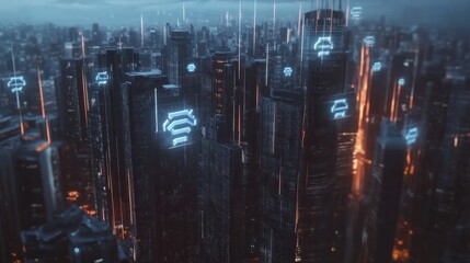 Poster - A futuristic cityscape with holographic 5G network symbols floating above skyscrapers showcasing