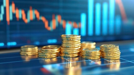 Poster - Gold coins stacked on a table with a stock market chart in the background.