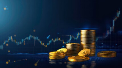 Poster - A stack of gold coins on a dark blue background with a candlestick chart in the background.