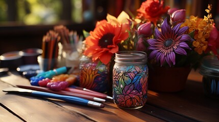 Wall Mural - Closeup of art therapy materials - paints, brushes, crayons, markers, and clay, vibrant colors, on a rustic wooden table