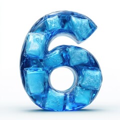 3D number 6 with blue ice cubes realistic modern design, soft lighting, white background