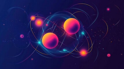 Wall Mural - abstract illustration of two glowing orbs orbiting each other with neon trails on a dark blue backgr