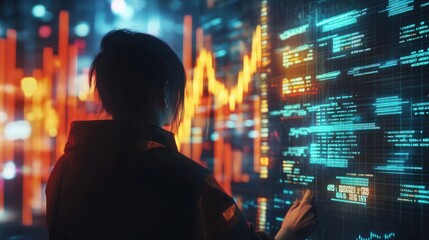 Poster - A person analyzes financial charts with glowing digital data overlays, indicative of futuristic technology in business