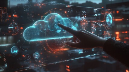 Poster - A person interacts with a futuristic holographic display showing cloud computing and network technology in a high-tech environment.