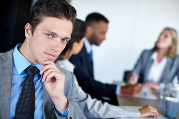 Leinwandbilder - Business man, meeting and portrait with collaboration, teamwork and lawyer brief in office. Boardroom, employee and staff together with planning at law firm with working, talk and attorney case