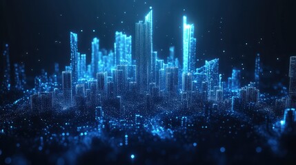 Poster - Abstract glowing particles forming cityscape shapes on a dark blue background, showcasing a futuristic urban concept. Generative AI