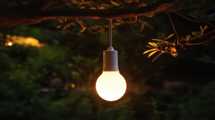 Poster - A glowing LED light bulb hangs from a tree branch at night, illuminating the surrounding area