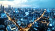 © Amornrat - Aerial view of a city with digital connectivity icons overlay, representing modern smart city technology and wireless communications.