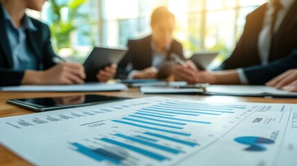Poster - Analyzing Exponential Growth in Professional Business Meeting, Team Studying Financial Chart with Compound Interest Curve