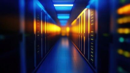 Poster - Blurred interior of a modern data center with rows of server equipment illuminated by blue and yellow lights