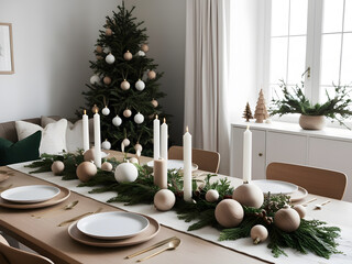 Elegant holiday dining setup featuring greenery, candles, and a Christmas tree in a cozy, softly lit interior