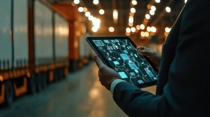 Poster - Businessman holding tablet with icons for a logistics or online global transportation technology