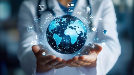 Poster - Doctor holding a glowing globe with medical icons.