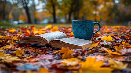 Aufkleber - Enchanting autumn landscape with a closeup of a coffee cup and a beautifully opened book adorned with colorful autumn leaves scattered around capturing the essence of reading in fall