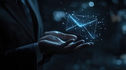 Poster - Businessman holding virtual email icon with hologram interface and data flow in hand on dark background, digital technology concept for online e mailbox mail social media internet marketing.