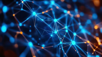 Poster - Abstract blue and orange glowing network of connected dots and lines on dark background.
