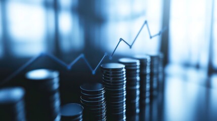 Poster - A blue graph line rising above stacks of coins, symbolizing financial growth and success.