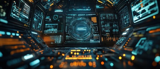 Futuristic control panel with multiple screens displaying data and information.