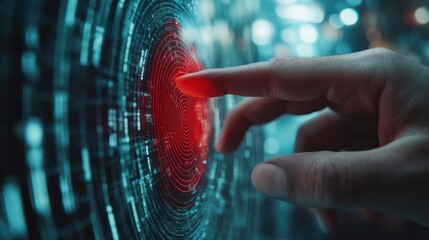 Poster - businessman using fingerprint scanning to unlock and access business information network biometric i