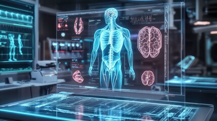 Poster - A holographic projection of a human body with internal organs and skeleton displayed on a futuristic digital table in a laboratory setting.