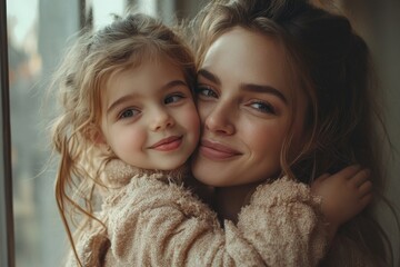 cute little girl kissing happy mom in cheek, mother and daughter bonding together at home, enjoying 