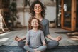 © Digi ART - Peaceful happy mother and little daughter meditating together at home over white wall, sitting with eyes closed and smiling, Generative AI
