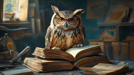Poster - Enchanting scene of an owl teacher wearing glasses perched on a stack of books in a classroom surrounded by educational tools and eager students celebrating World Book Day and Knowledge Day