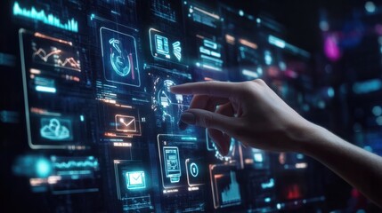 Poster - Digital Banking and Financial Technology Concept. A person presents digital banking and financial technology icons, and currency symbols, emphasizing modern online payment systems and e-commerce.