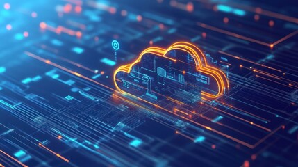 Poster - digital illustration of cloud computing technology with glowing data streams and icons representing interconnected clouds. fast cabinet work in network security