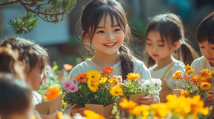 Poster - Engaging outdoor classroom scene with enthusiastic primary school children offering bright flower arrangements to their favorite teacher under a tree adorned with handmade appreciation cards
