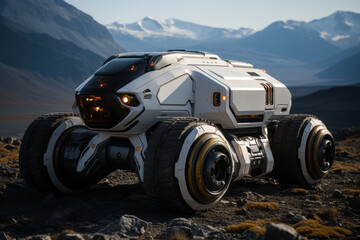 Futuristic off-road truck of the future in the wilderness