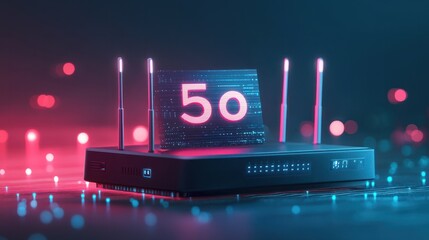 Poster - generic modern high speed 5g next generation router for home secure networks and online communication high bandwidth internet technology as wide banner with copy space area and datum data
