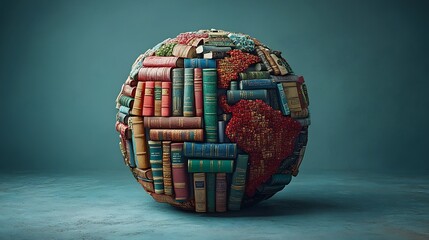 Poster - Eyecatching 3D illustration for World Book Day featuring a globe made of books with each continent represented by different genres all set against a clear background with room for text
