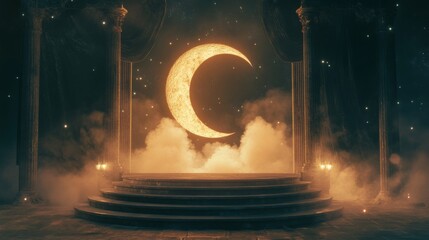 Poster - A glowing crescent moon stands prominently in a mystical nocturnal setting, surrounded by soft fog and ancient columns. The atmosphere is enchanting, inviting wonder and exploration in the dim light.