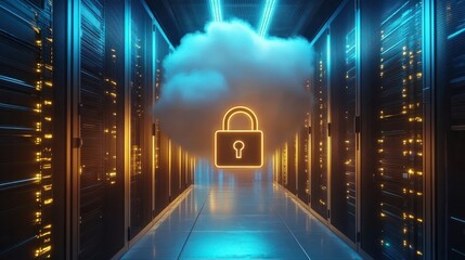 Poster - Golden lock symbol on white cloud in server room with blue lights, symbolizing data security