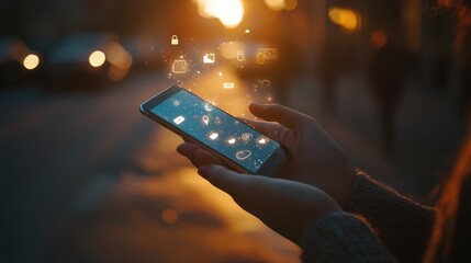 Poster - Hands holding a smartphone with social media icons floating in the evening light. Shows staying connected and updated.