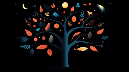 A stylized illustration representing the tree of life, depicting the evolutionary relationships between different species and their common ancestors.