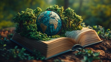 Poster - Imaginative 3D rendering for World Book Day showcasing a beautifully detailed book with a globe at its center surrounded by flourishing trees representing the connection between literature and nature