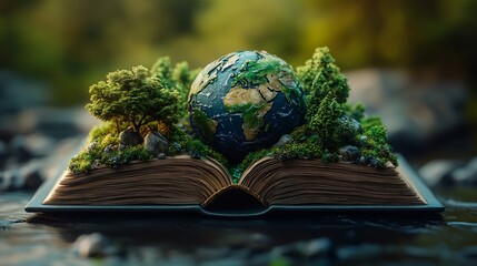 Poster - Imaginative 3D rendering for World Book Day showcasing a beautifully detailed book with a globe at its center surrounded by flourishing trees representing the connection between literature and nature