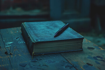 A minimalist arrangement of a notebook and pen on a wooden surface, illuminated by natural daylight.