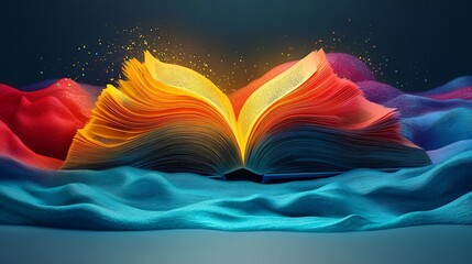 Poster - Imaginative concept for World Book Day with an abstract open book blending with colorful waves and dynamic shapes in a 3D space capturing the spirit of storytelling and creativity