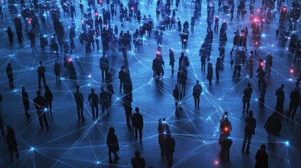 Poster - networking technology, large crowd of people connected by glowing lines of light, demonstrating the effectiveness of digital communication