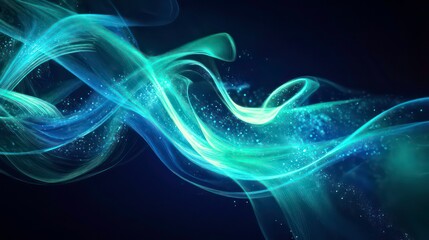 Wall Mural - abstract blue and green light wave with glowing particles on a black background.