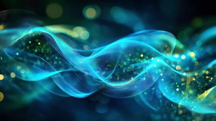 Wall Mural - abstract blue wave with glowing particles on dark background.