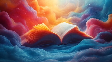 Poster - Imaginative concept for World Book Day with an abstract open book blending with colorful waves and dynamic shapes in a 3D space capturing the spirit of storytelling and creativity