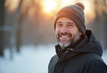 Portrait of Smiling man In Winter, warm backlight, copy space on a side