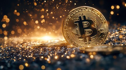 Poster - A single Bitcoin coin sits on a bed of shimmering glitter, with other coins out of focus in the background.
