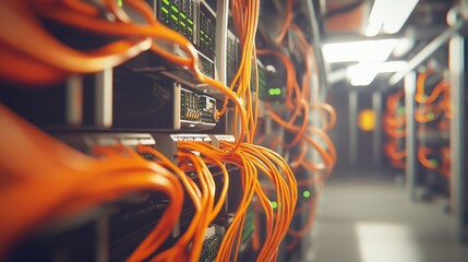 Poster - Server room with network rack housing cables, wires in orange, green, white colors. Meticulously arranged web connects various components within the room. Servers and routers text provides context.