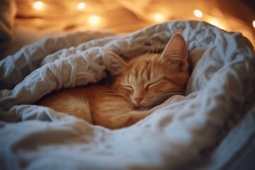 A ginger cat is comfortably snuggled under a soft, light blanket, with gentle lights glowing in the background.