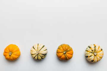 Wall Mural - autumn composition of little orange pumpkins on colored table background. fall, halloween and thanks